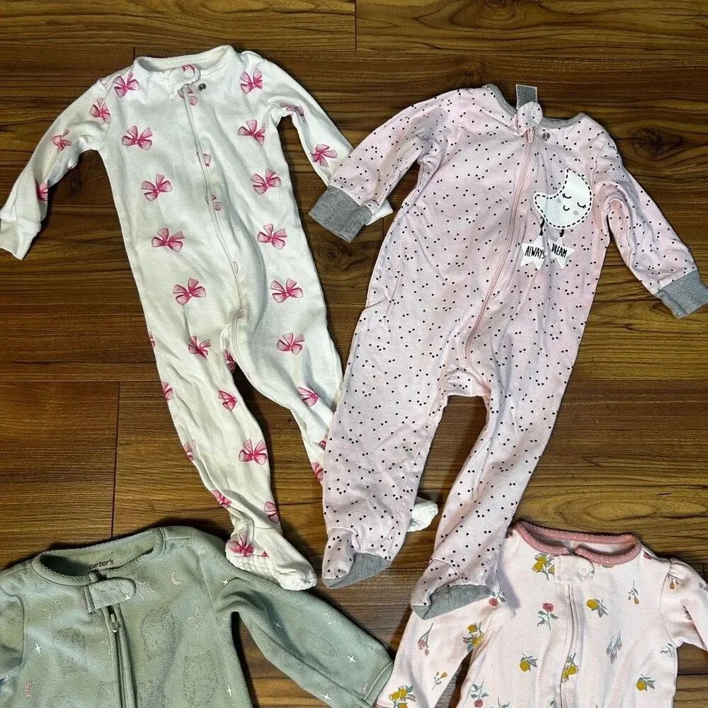 Baby Girls Sleep and Play Lot of 4 Pajamas Footies 6-9 Months Fleece